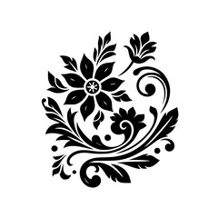Elegant Black and White Floral Vector Composition Featuring Detailed Petals, Spirals, and Leafy Elements on a Pristine White Backdrop.