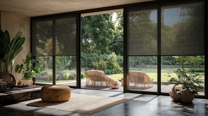 Modern sun-shading solution for a spacious living area.  Blinds offer privacy and light control, opening to a lush garden view