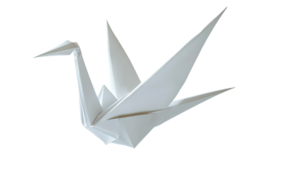 Delicate Floating White Origami Crane in Graceful Pose Isolate on Transparent Background, cutout, png