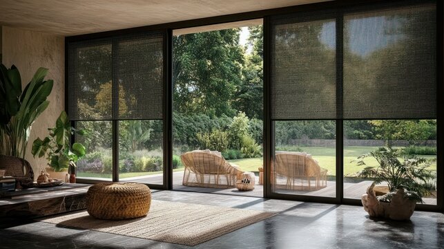 Fototapeta Modern sun-shading solution for a spacious living area.  Blinds offer privacy and light control, opening to a lush garden view