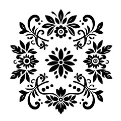A symmetrical floral mandala in black and white, composed of intricate flowers, leaves, and ornamental swirls, arranged in a circular pattern on a pristine white background.