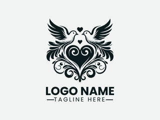 Two Doves Heart Ornate Swirls Romantic Symbol Logo Design, Romantic Doves Heart Swirls Logo