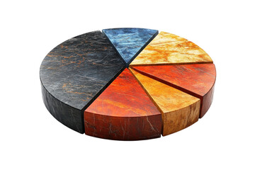 A vibrant pie chart crafted from richly textured wooden segments, showcasing a spectrum of earthy and deep hues against a stark white background.