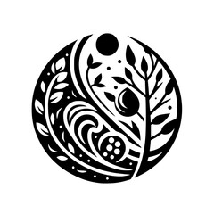 A Yin and Yang inspired circular design composed of botanical elements, including leaves, a flower, and a tree, all in a simple black and white aesthetic.