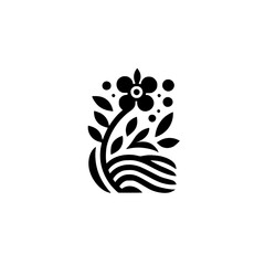 A stylized, minimalist floral design in stark black and white, featuring a blooming flower, leaves, and abstract wavy lines.