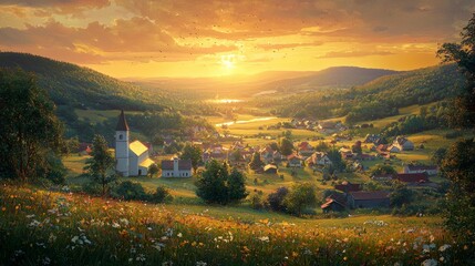 Sunset over a picturesque village nestled in a vibrant valley, surrounded by lush meadows and rolling hills. A serene and idyllic landscape painting.