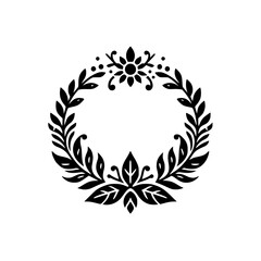 Monochrome Circular Floral Wreath:  Symmetrical Black Leaf & Flower Design on White Background,  Illustrative, Decorative, Clean Lines, Elegant