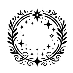 A symmetrical, black and white celestial wreath composed of stylized leaves, sparkling stars, and elegant flourishes on a clean white background.