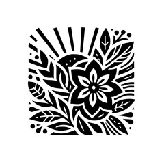 Black and white floral illustration of a symmetrical mandala design, showcasing a central flower, leaves, and sunburst, within a square frame.