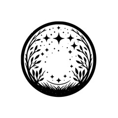 A circular monochrome illustration featuring stylized stars, foliage, and a grassy base, all framed within a bold, dark border on a white background, creating a whimsical night scene.