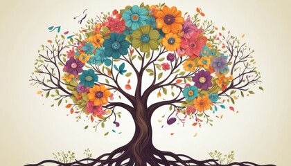 Blossoming Tree of Life: A vibrant illustration of a tree in full bloom, with colorful flowers representing the crown of its existence, symbolizing growth and the cycle of life.