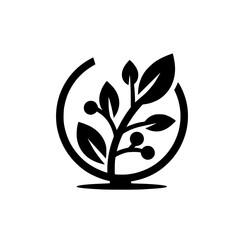 Black and White Minimalist Logo Depicting a Plant with Leaves and Berries Enclosed Within a Circular Frame, On White Background.