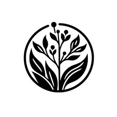 Elegant Black and White Circular Botanical Emblem: Stylized Plant with Leaves and Berries within a Perfect Circle, Minimalist Design on White.