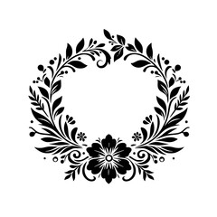 Elegant Black Floral Wreath Design: A symmetrical botanical arrangement of leaves, berries, and flowers forming a circular frame on a white backdrop.