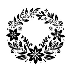 A symmetrical black and white floral wreath with delicate leaves, detailed flowers, and dots, conveying elegance and simplicity, arranged in a circular composition.