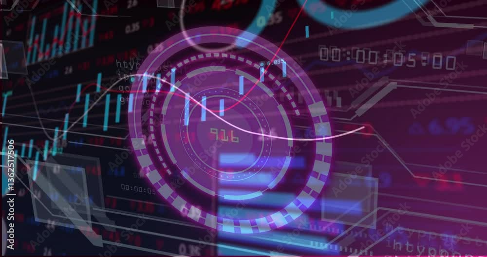 Poster processing data with futuristic digital interface, displaying graphs and animations