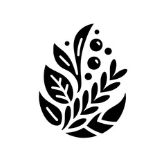 Elegant Black and White Botanical Composition: A stylized illustration featuring leaves, berries, and intricate organic shapes arranged within a teardrop formation.