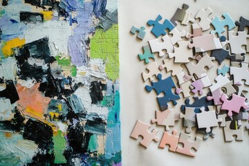 Fototapeta premium Colorful abstract painting and scattered jigsaw puzzle pieces