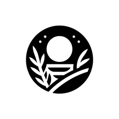 Minimalist Emblem: Black Circle with a Central White Circle, Foliage, and Geometric Forms, Suggesting Nature and Tranquility.