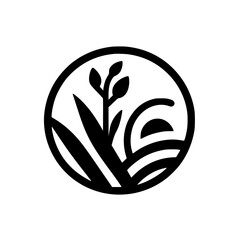 Abstract minimalist black and white circular logo design featuring stylized plant and landscape elements, suggesting nature, growth, and serenity.