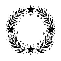 A minimalist black and white wreath illustration, featuring leafy branches, stars, dots, and cross-like accents, creating a decorative circular design with a clean and elegant aesthetic.