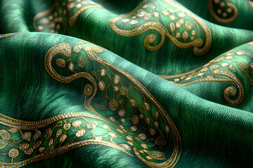 Fototapeta premium Emerald fabric, gold patterns