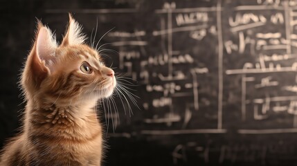 Cute Ginger Cat Looking Up with a Thoughtful Expression Against a Dark Background with Mathematical Equations