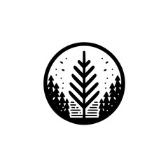 Minimalist Black and White Circular Illustration Depicting a Forest Landscape: A Large Central Tree Framed by Smaller Conifers and Decorative Dots, Emphasizing Nature.