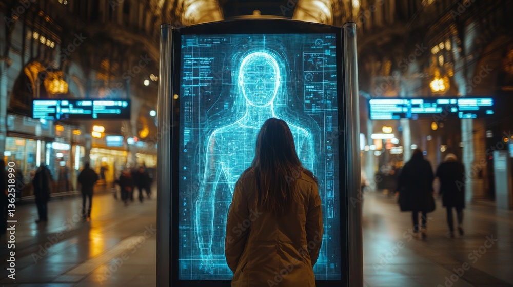 Poster a person interacts with a digital display showing a holographic model of a human body, highlighting 