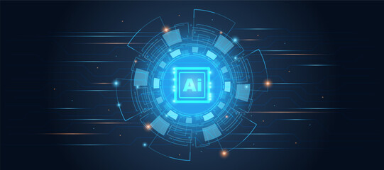 Abstract futuristic technology circuit board and gear in digital technology. High-tech technology and innovation concept on a blue background. Artificial intelligence (AI) technology circuit.