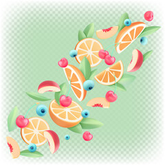 Flying 3d fruits. Orange, cherry, peach, blueberry. Vector cartoon composition isolated.