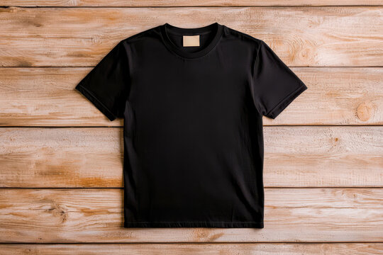 Plain black t-shirt on wooden background displaying minimalist fashion