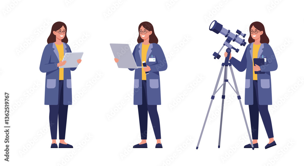 Poster scientist analyzing data and observing through telescope in flat vector art