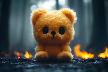 Fototapeta premium Fluffy yellow bear sits on dark ground amidst bright embers, in misty woods
