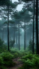 Obraz premium Ethereal forest path with tall trees shrouded in mist and lush green undergrowth