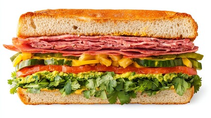 Delicious Sandwich with Ham, Fresh Vegetables and Sauces on White Background