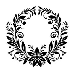 Ornate Black Floral Wreath on White Background: A symmetrical, detailed illustration of foliage and flower motifs forming a circular frame, with a classical aesthetic.