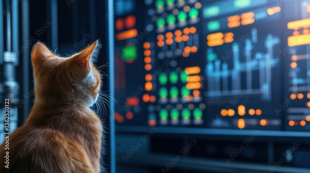 Poster cat observing digital screen with colorful data visualizations in a modern workspace environment