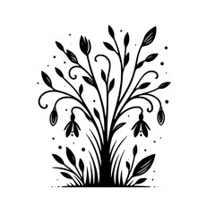 A stylized, symmetrical black and white illustration of a floral arrangement featuring curved stems, delicate leaves, closed buds, and bell-shaped flowers, set against a clean white background.
