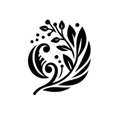 Elegant Black and White Floral Motif: A Symmetrical, Circular Design Featuring Leaves, Berries, and Ornate Swirls on a Clean White Background.