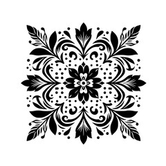 Symmetrical black floral design on white background with leaves, dots and swirls, mandala style art.