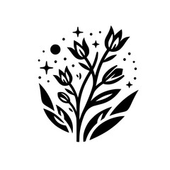 Stylized Black Floral Design with Starry Accents on White, Illustrating Nature's Beauty and Celestial Harmony