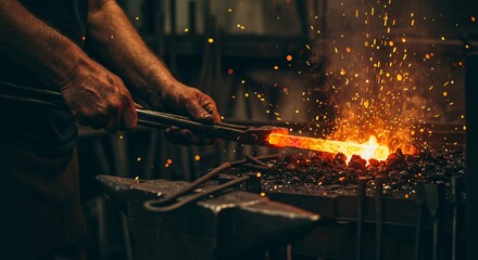 Blacksmith Working on Hot Metal Piece with Sparks and Fire
