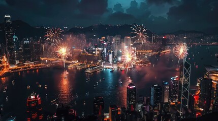 Obraz premium Beautiful fireworks new year celebration at city night. AI generated image 