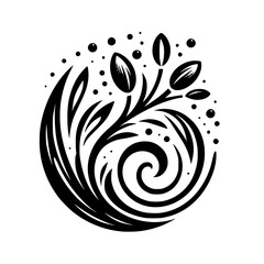 A symmetrical black and white floral design, featuring stylized leaves and swirls, with a central spiral and dot accents, embodying natural elegance.