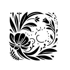 A symmetrical black and white floral design with stylized flowers, leaves, and organic elements, set against a clean white backdrop.