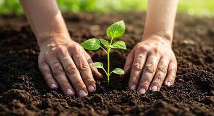Hands Planting a Healthy Sapling in Rich Soil Under Sunlight