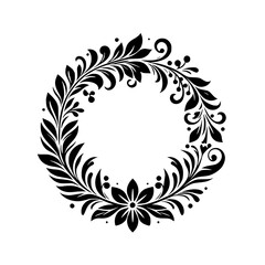 Elegant Black and White Floral Wreath Design with Leaves, Berries, and a Central Flower Element, Showcasing Symmetry and Decorative Artistry.