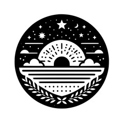 A circular minimalist emblem showcasing a sunburst over a striped horizon, framed by laurel and a starry night sky.
