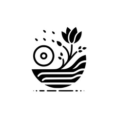 Abstract Black and White Minimalist Illustration of a Flower, Sun, and Water in a Stylized Landscape Composition.